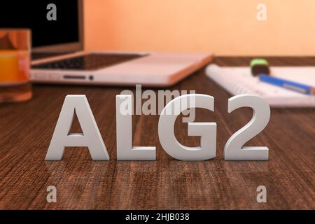 alg2 - Arbeitslosengeld2 - parola tedesca per indennità di disoccupazione o denaro dole - lettere su scrivania in legno con computer portatile e un notebook. 3d rendering Foto Stock