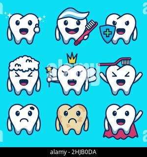 set di carino disegno del carattere del dente piatto. illustrazione vettoriale con varie espressioni e stili Illustrazione Vettoriale