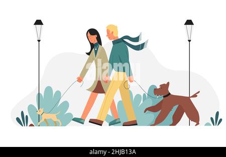 Giovane coppia che cammina nel parco con cani animali domestici. Famiglia con animali domestici che trascorrono tempo all'aperto insieme illustrazione vettoriale piatta Illustrazione Vettoriale