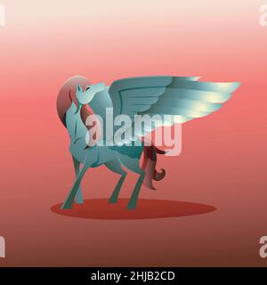 Legend Pegasus Winged Horse spread Wings Guarda Indietro Fantasy creature Cartoon Illustrazione Vettoriale
