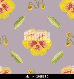 Fiori di viola disegnati a mano in stile ricamo motivo senza cuciture. Illustrazione Vettoriale