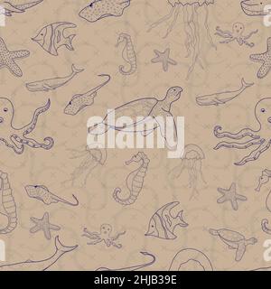 modello senza cuciture set di animali marini. giorno dell'oceano del mondo. doodle disegno a mano stile. illustrazione vettoriale eps10 Illustrazione Vettoriale