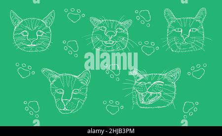 disegno di linea di elemento diverso cute testa di gatto e impronta. illustrazione vettoriale eps10 Illustrazione Vettoriale