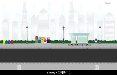 strada all'aperto nella città fermata bus stazione atm bin palo lampada segno orizzontale vettore illustrazione eps10 Illustrazione Vettoriale