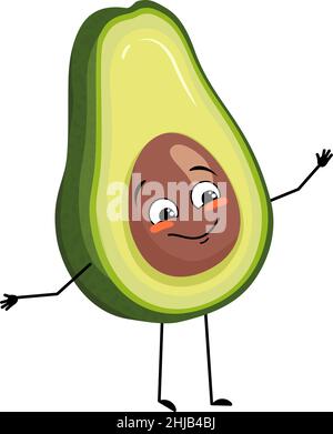 Personaggio avocado con allegra emozione, viso gioioso, occhi sorridenti, braccia e gambe. Persona con emoticon di espressione, verdura o frutta. Illustrazione piatta vettoriale Illustrazione Vettoriale