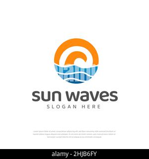 Modern Abstract Vintage logo circolare sole mare onde. Elementi del modello di progettazione con logo a vettore piatto. Illustrazione Vettoriale