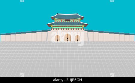 gwanghwamun porta e lungo muro e grande cortile nel palazzo gyeongbokgung a seoul corea del sud. illustrazione vettoriale eps10 Illustrazione Vettoriale