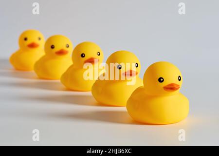 Concetto di leadership, conformità o obbedienza. Anatre di gomma o anatre in una fila. Foto Stock