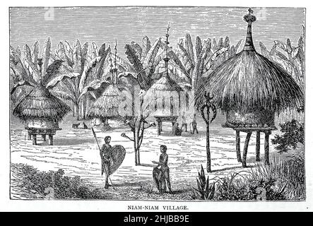 Niam-Niam [Nyam-Nyam o la gente di Zande o di Azande] Villaggio dal libro Stanley in Africa. Le meravigliose scoperte e le emozionanti avventure del grande esploratore africano, e di altri viaggiatori, pionieri e missionari di James Penny Boyd, Editore: Philadelphia, Pa.; St. Louis, Mo., P. W. Ziegler & co nel 1889 Foto Stock