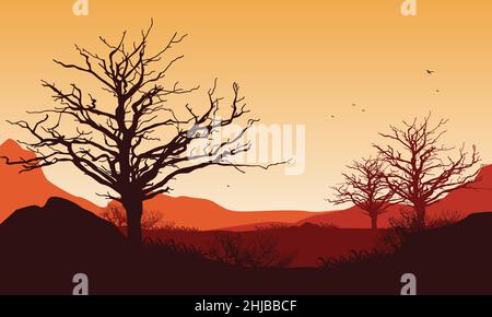 Una vista fantastica delle montagne con la silhouette dei pini dal bordo della città. Illustrazione vettoriale di una città Illustrazione Vettoriale