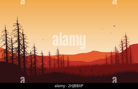 Fantastica vista sulle montagne con silhouette di alberi secchi dal bordo della città. Illustrazione vettoriale di una città Illustrazione Vettoriale