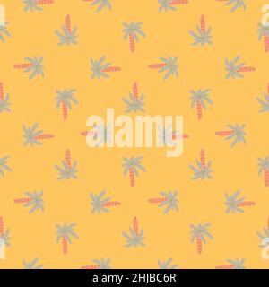 Disegno geometrico astratto senza giunture con natura botanica blu palma ornamento su sfondo giallo. Stampa vettoriale piatta per tessuti, tessuti, giftwrap, Illustrazione Vettoriale