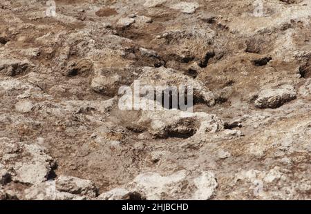 Fondo roccioso di un pozzo archeologico scavato su una collina alla ricerca di manufatti storici. Opere archeologiche Foto Stock