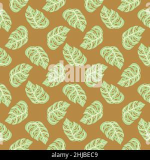 Natura tropica senza cuciture con elementi monstera verde chiaro. Sfondo beige. Sfondo Doodle. Disegno grafico per avvolgere carta e tessuto tex Illustrazione Vettoriale