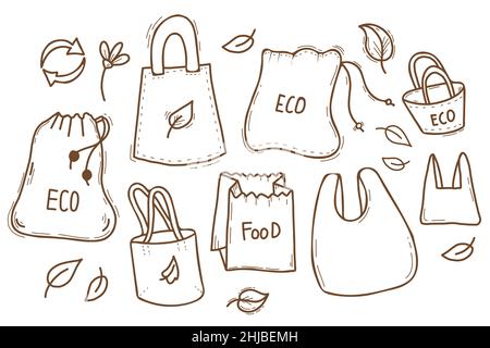 Concetto di ecologia No plastica e sostanze organiche. Set di sacchetti ecologici naturali e sacchetti di carta per generi alimentari. Illustrazione vettoriale. Disegni lineari a mano in d Illustrazione Vettoriale