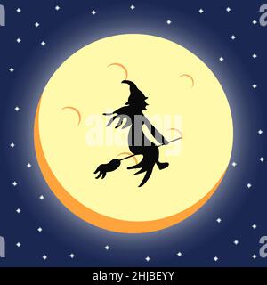 vector illustration of a witch silhouette over a dark halloween night sky behind the moonlight. Stock Vector