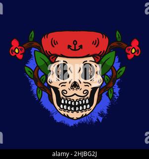 Illustrazione vettoriale cranio disegnato a mano di un buon baffi pirata per logo e T-shirt Illustrazione Vettoriale