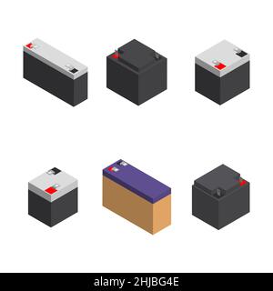 Set di varie batterie ricaricabili per un gruppo di continuità. Flat 3D stile isometrico, illustrazione vettoriale. Illustrazione Vettoriale
