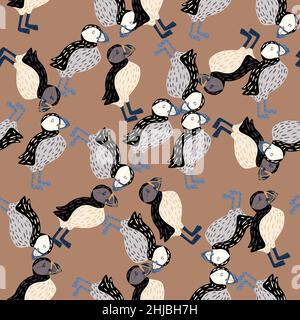 Semplice schema di vita astratto dello zoo con ornamento di uccelli puffin. Sfondo beige. Sfondo ornitologico. Stampa vettoriale piatta per tessuti, tessuti, g Illustrazione Vettoriale