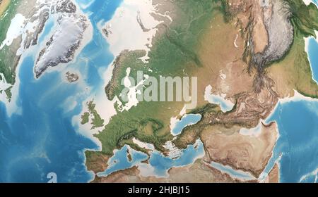 Mappa fisica di Europa, Groenlandia, Medio Oriente e Asia, con dettagli ad alta risoluzione. Vista satellitare del pianeta Terra. Elementi forniti dalla NASA Foto Stock