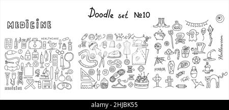 Farmacia di doodle medico, cucire e set di Halloween. Scheda di illustrazione vettoriale con immagini disegnate a mano. Icone degli strumenti di personalizzazione vettoriale. Manichino da cucire Illustrazione Vettoriale