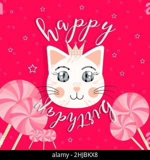 Felice illustrazione vettoriale di compleanno su sfondo rosso con cute faccia di gatto e dolci rosa. Illustrazione Vettoriale