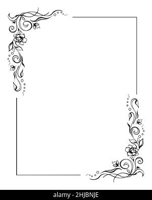 Cornice rettangolare floreale, modello bordo rosa con fioritura in due angoli. Eleganti elementi decorativi disegnati a mano, fogliame e fiori. Modificabile Illustrazione Vettoriale