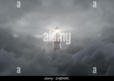 3d rendering di un faro illuminato su morbide nuvole scure Foto Stock