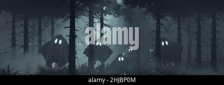 3d rendering di foresta oscura nebbia con fantasmi volanti Foto Stock