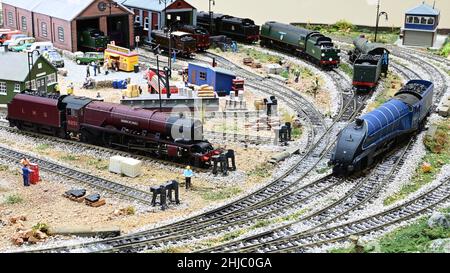 Un modello di una classe di incoronazione LMS e di una locomotiva LNER A4 su un modello di ferrovia. Foto Stock