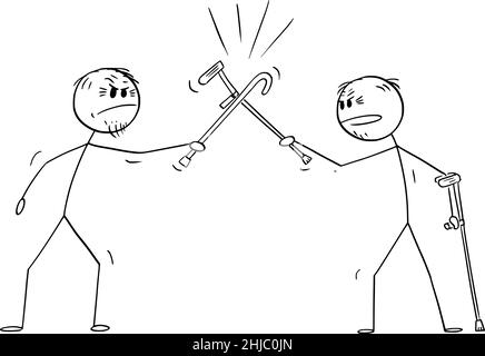 Due anziani o persone anziane combattendo con cane e crutch, Vector Cartoon Stick Illustrazione Illustrazione Vettoriale