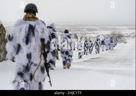 Lviv, Ucraina 28 gennaio 2022. Soldato ucraino visto durante lanci pratici di NLAW ATGM presso il Centro Internazionale per il mantenimento della pace e la sicurezza dell'Accademia Nazionale delle forze terrestri. Foto Stock