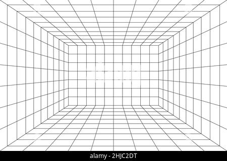 3d griglia digitale dello spazio della stanza con una prospettiva a un punto. Sfondo bianco vuoto geometrico dello studio di cyberspazio. Scena virtuale a tre dimensioni. guid facile Illustrazione Vettoriale