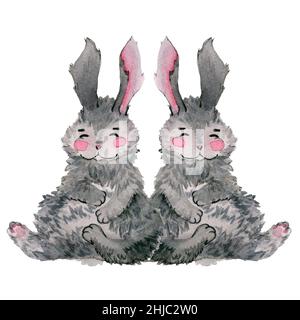 Acquerello cuccioli di coniglietto disegnati a mano. Conigli grigi seduti insieme e sorridenti. Illustrazione della cartolina dei bambini in stile cartone animato. Design per l'acquazzone del bambino Foto Stock