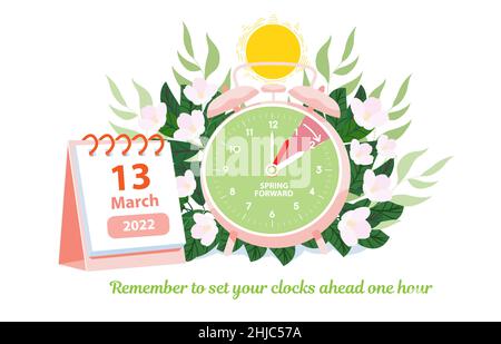 Banner di primavera in avanti il 13 marzo 2022. Sveglia con data caledar per gli Stati Uniti con un promemoria dell'ora legale di domenica 13 marzo con Illustrazione Vettoriale