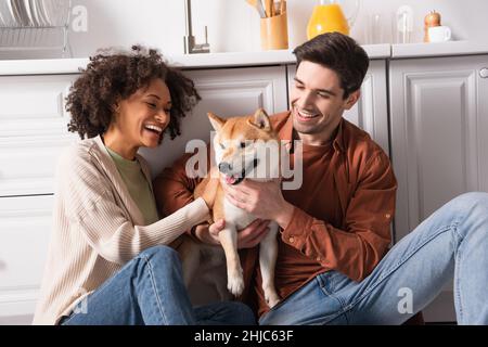 gioiosa coppia multietnica divertirsi con shiba inu cane in cucina Foto Stock