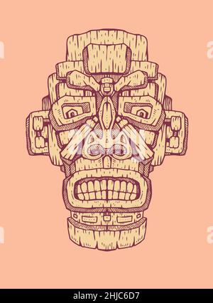 Maschera hawaiana con statua in tiki. Elemento disegno a mano. Illustrazione vettoriale Illustrazione Vettoriale