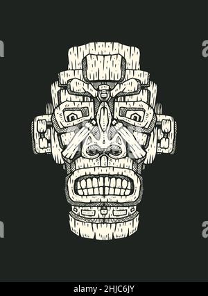 Maschera hawaiana con statua in tiki. Forma bianca su sfondo nero, elemento disegno a mano. Illustrazione vettoriale Illustrazione Vettoriale