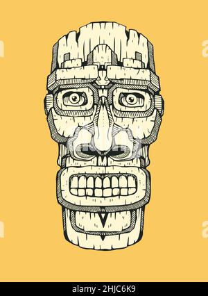 Maschera hawaiana con statua in tiki. Elemento disegno a mano. Illustrazione vettoriale Illustrazione Vettoriale