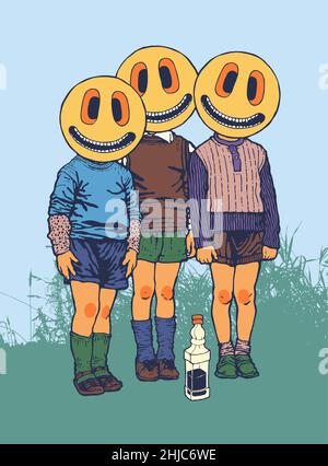 Tre amici e una bottiglia di whiskey. Personaggi con emoticon invece di volti. Illustrazione vettoriale. Illustrazione Vettoriale