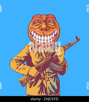 Un ufficiale con un fucile d'assalto Kalashnikov e con un emoticon felice invece della testa. Illustrazione vettoriale. Illustrazione Vettoriale