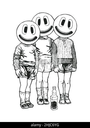 Tre amici e una bottiglia di whiskey. Personaggi con emoticon invece di volti. Illustrazione vettoriale. Illustrazione Vettoriale