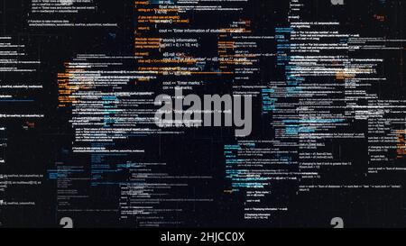 Codice computer astratto in esecuzione in uno spazio virtuale. Codice di programmazione con linee mobili isolate su sfondo nero di sreen, loop seamless. Foto Stock