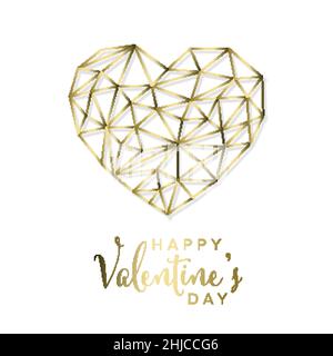 Golden Wire Happy Valentines modello scheda giorno - Golden cuore triangolo forma illustrazione concetto su sfondo bianco con felice San Valentino testo Illustrazione Vettoriale