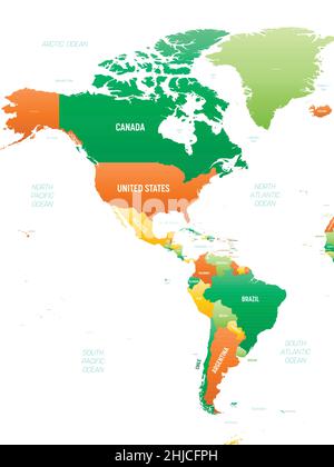 Americhe Mappa politica dettagliata con le scuderie Illustrazione Vettoriale