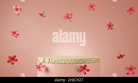 Minimalismo palco in legno con ibisco o rosa mallow fiori cadere o levitate in Midair 3D rendering illustrazione Foto Stock