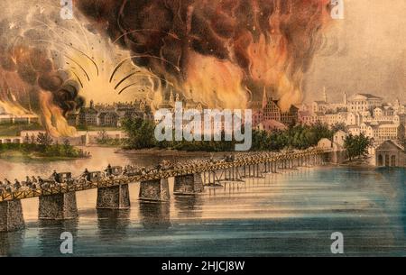 La caduta di Richmond, Virginia, nella notte del 2nd aprile 1865 durante la guerra civile americana. Litografia colorata a mano, Currier & Ives, circa 1865. Foto Stock