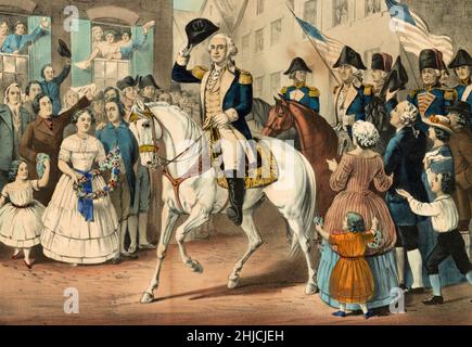 L'ingresso di George Washington a New York, sull'evacuazione della città da parte degli inglesi dopo la Rivoluzione americana, novembre 25th 1783. Litografia colorata a mano pubblicata da Currier e Ives, 1857. Foto Stock