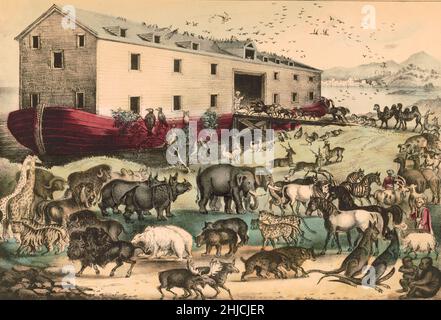 Litografia colorata a mano dell'arca di Noè di Currier & Ives, pubblicata tra il 1856 e il 1907. Foto Stock