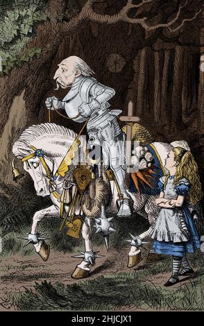Attraverso il Looking-Glass, e ciò che Alice ha trovato lì (1871) è un romanzo di Lewis Carroll. Il Cavaliere Bianco rappresenta il pezzo di scacchi dello stesso nome. Il Cavaliere Bianco salva Alice dal suo avversario, il Cavaliere Rosso. Egli cade ripetutamente dal cavallo e atterra sulla sua testa, e racconta ad Alice delle sue invenzioni. John Tenniel (Londra, 28 febbraio 1820 – Londra, 25 febbraio 1914) è stato un . Foto Stock